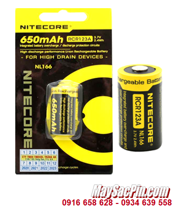 Nitecore RCR123A (NL166) ; Pin sạc 16340 lithium 3.7v Nitecore RCR123A 650mAh (NL166)
